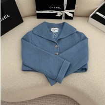 샤넬 26C 크루즈 트위드 자켓 숄 카라넥 숏 재킷 크롭 코튼 블루 P80823  H